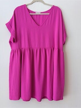 Chic Soul V-Neck Babydoll Mini Dress in Bright Magenta 1X